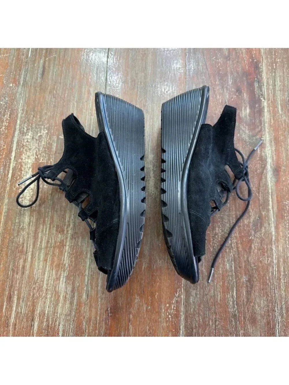 Skechers Black Suede Ghillie Lace-Up Peep Toe Wedges - Women's Size 9.5